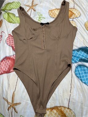 Forever 21 Taupe Ribbed Scoop Neck Bodysuit with Front Hook Closure
